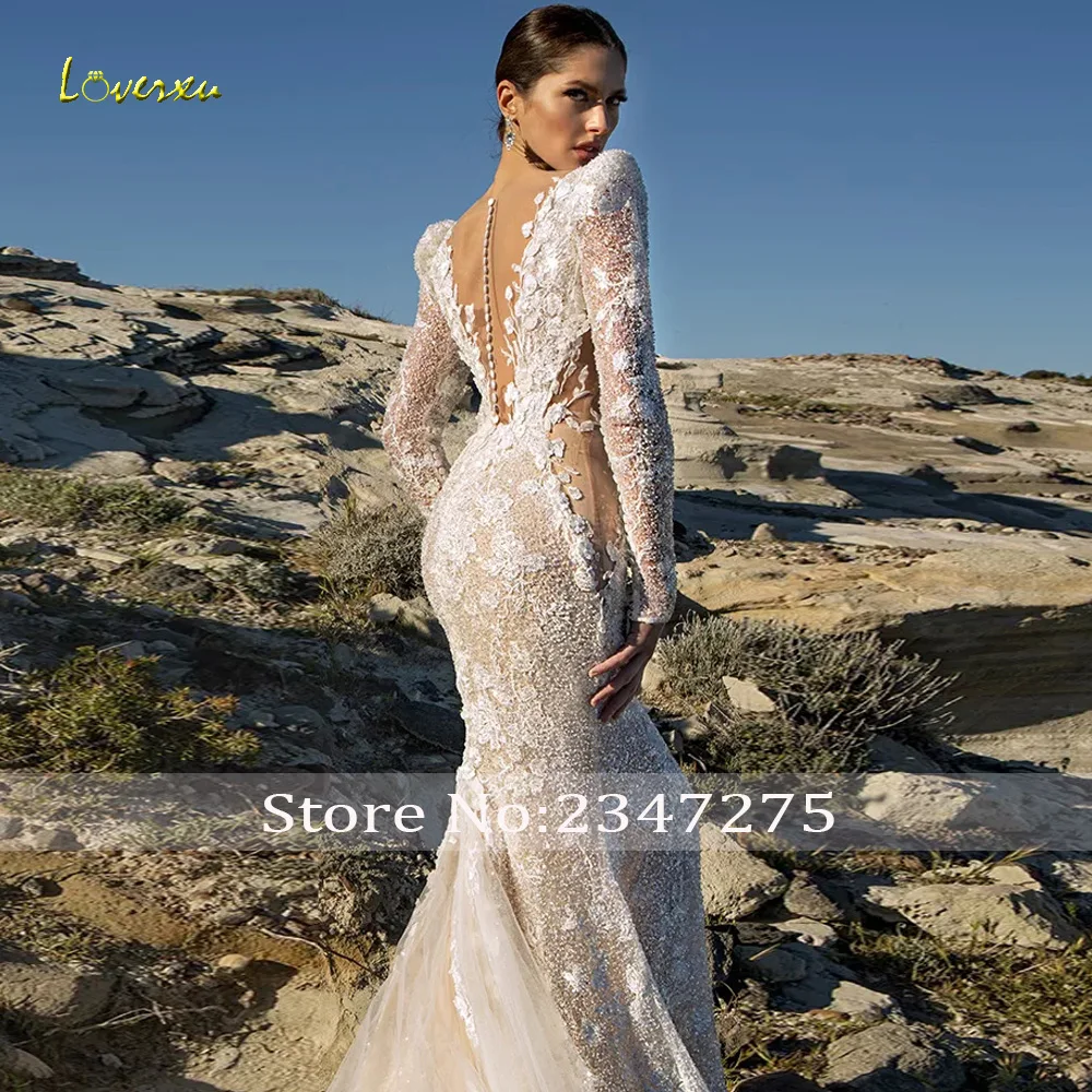 Loverxu Mermaid Classic Wedding Dresses V-Neck Long Sleeve Vestido De Novia Lace Appliques Elegant Sexy Custom Made Bridal Gown