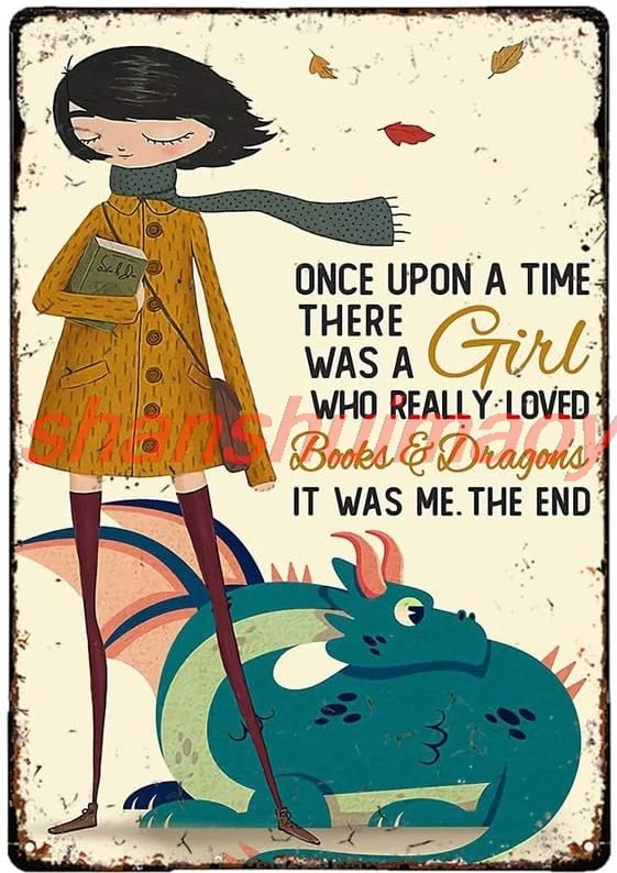 Funny Metal Tin Sign Autumn Girl amp Dragon A Girl Who Really Loved Books amp Dragons Metal Tin Sign Men Women,Wall Decor f ADS