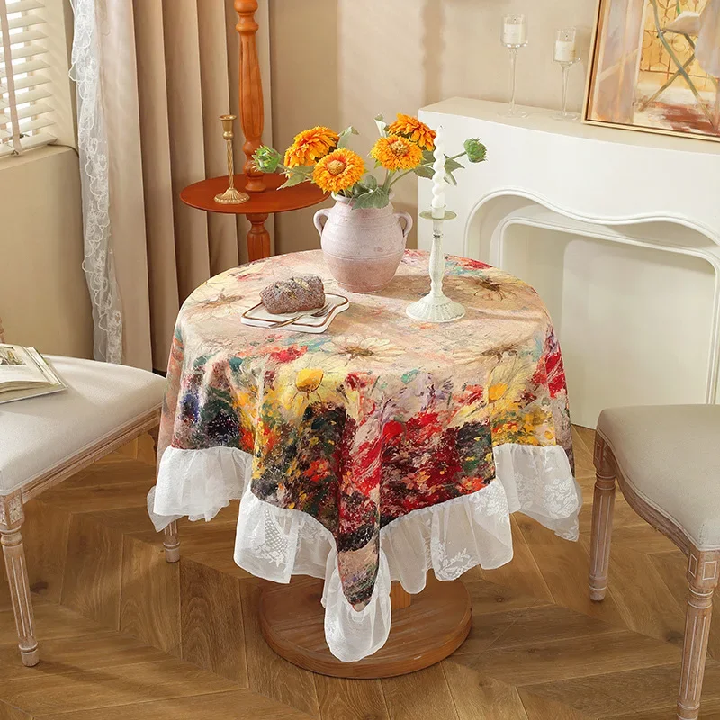 Oil Painting Style Tablecloth Square Waterproof Oil Resistant Lace Trim Table Cloth Dining Table Coffee Tables Decorative Cover