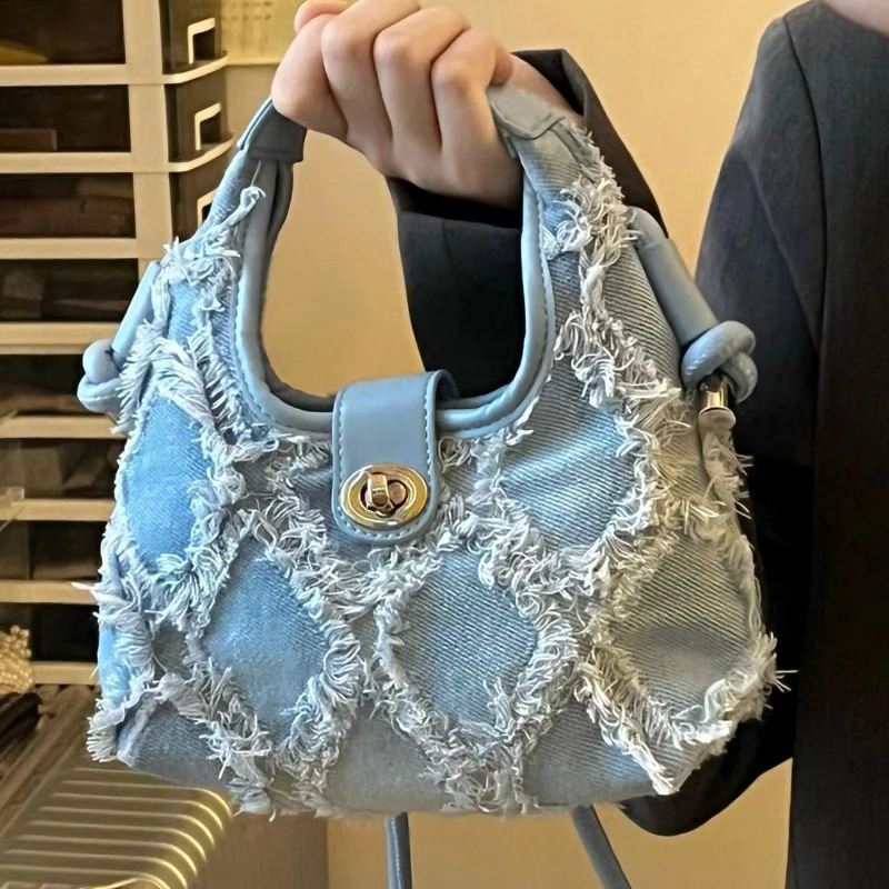 Sac en denim délavé rétro pour femme, sac décontracté sous les bras, sac messager à pampilles de la minorité, toile bleue pour femme, sac initié simple