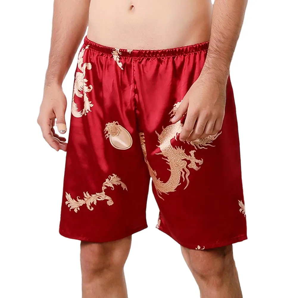 1pc Men Print Sleep Bottoms Shorts Loose Sleepwear Ice Silk Satin Pyjama Short Pants Breathable Comfortable Loungewear