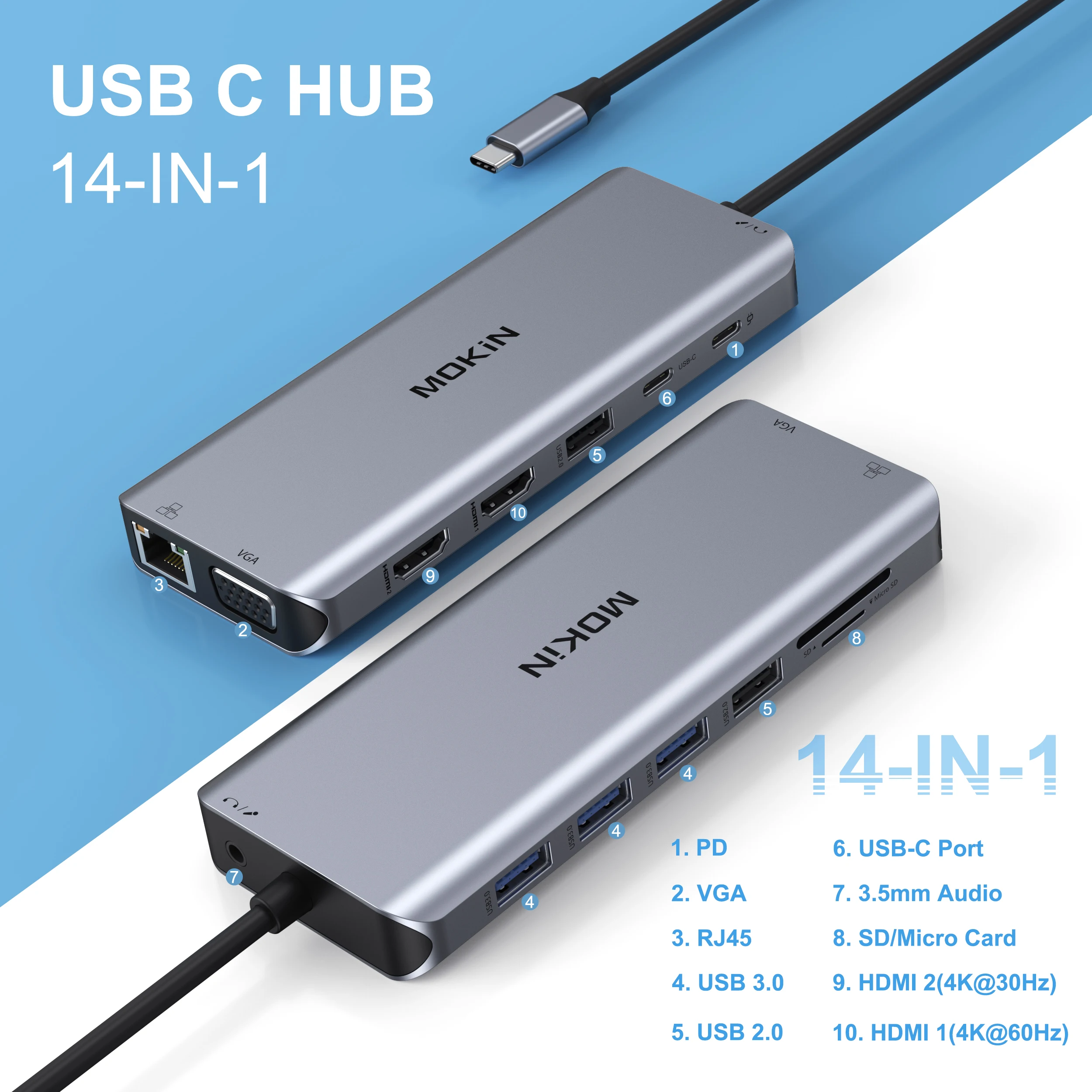 Imagem -02 - Mokn-usb Hub Adaptador Hdmi 4k 10gbps tipo c Hub Dockusb 3.1 pd Ethernet dp sd Cartão tf 100w Macbook Air Pro m1 m2