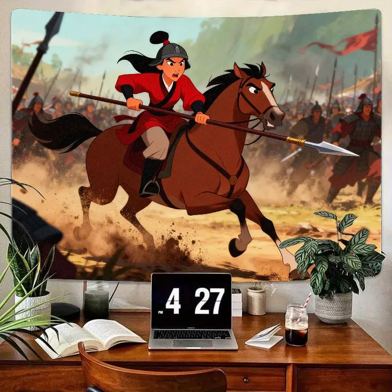 

1 шт., гобелен Мулан Дисней, воин, эпическая лошадь, верховая езда, боевое настенное искусство, полиэстер, декор комнаты для детей, подростков, подарок фанату фильма