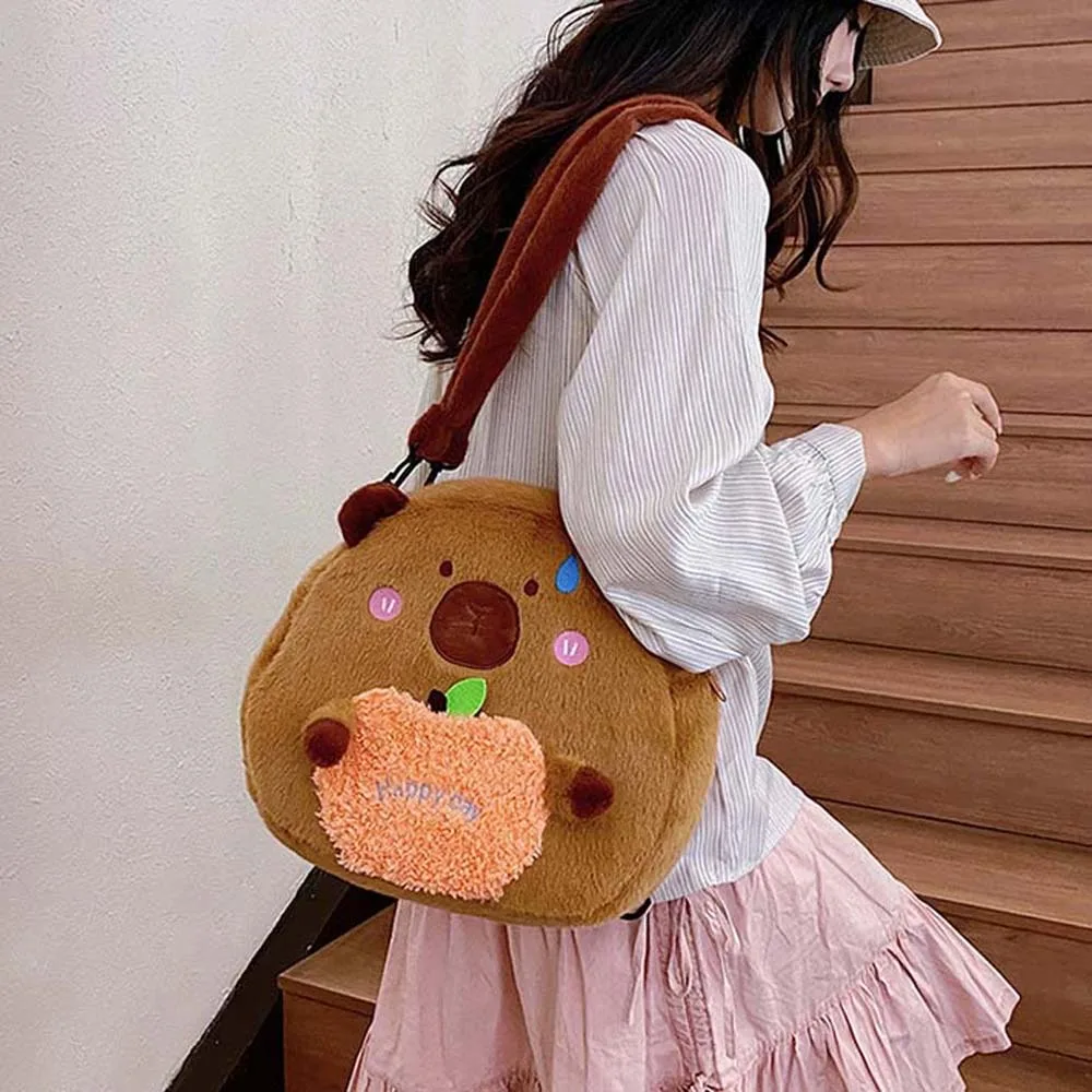 Zaino Capybara in peluche marrone carino Borsa a tracolla Capybara morbida di grande capacità Zaino per bambola in cotone PP addensato da donna