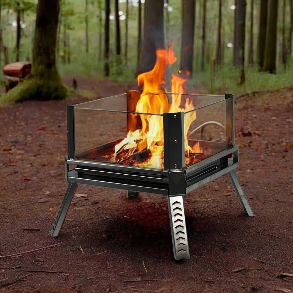 Portable Square Charcoal Fire Pit Stainless Steel for Outdoor Travel Camping RV Truck Cooking Heating