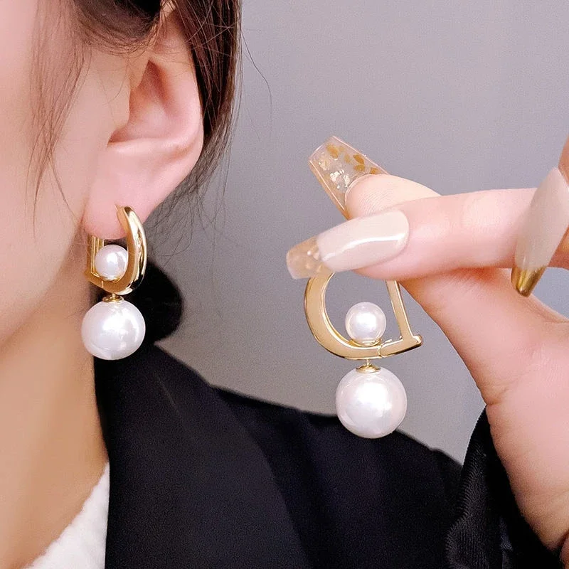 1p Earrings Air Pearl Pendant Drop for Women Girls New Trendy Elegant D-shaped Geometric Ear Buckle Party Jewelry Gifts