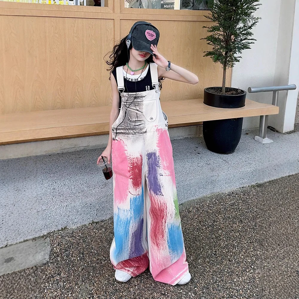 Streetwear Girls' pants Pocket Bib children's overalls Jumpsuit spring summer 2025 Girl' casual Bodysuit graffiti wide-leg pants