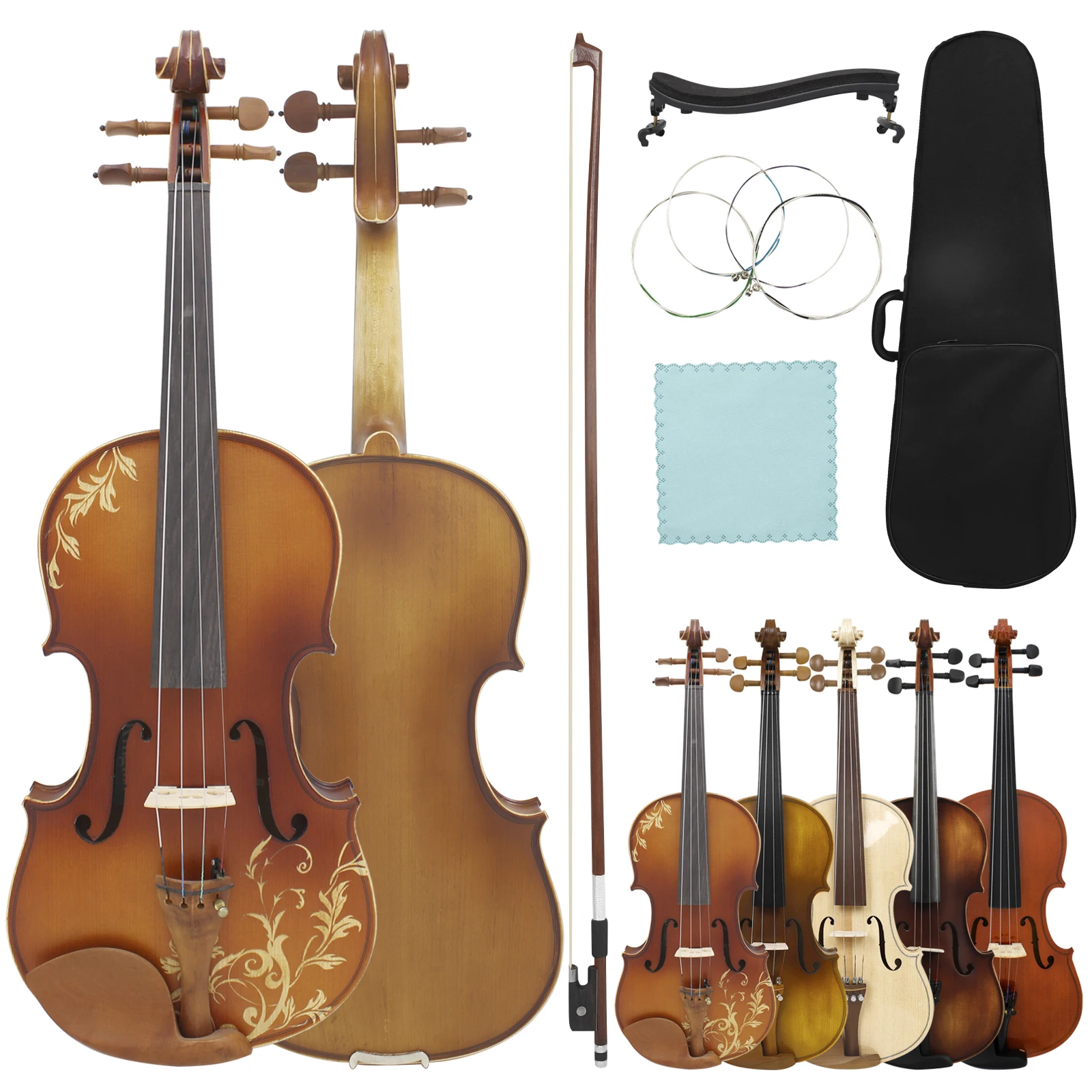 4/4 Violin Acoustic Violin Spruce Solid Wood Fiddle with Case Bow Strings Shoulder Rest Cloth Violin Accessories