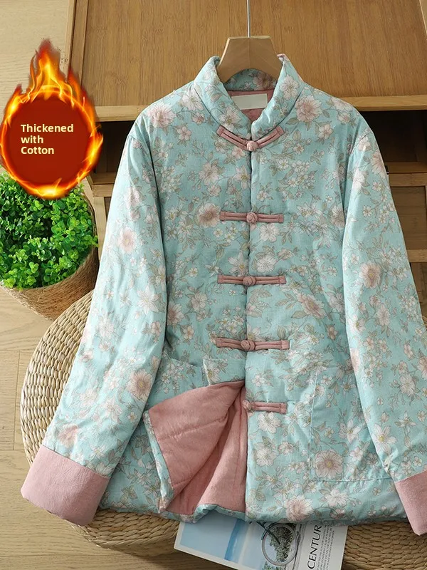 

Thiened Floral Cotton Jaet Women's Loose Casual Outerwear Retro Button Cotton Clothes Autumn Winter New Sle Warm Coat