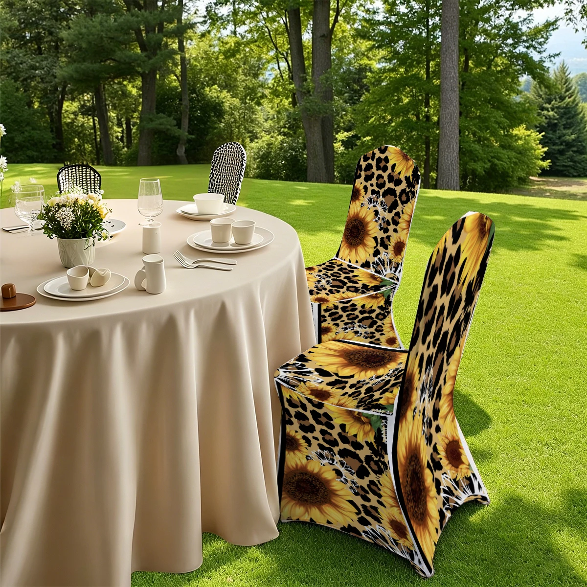 2D Sunflower Leopard Print Stretch Full Coverage Chair Cover, Universal Size for Hotel/Home/Outdoor, Anti -