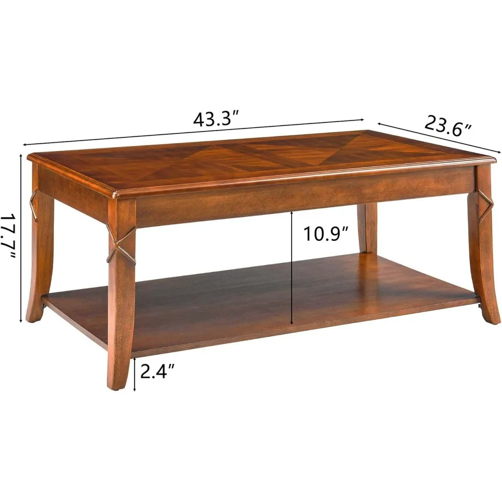 Solid Wood Coffee Table with Storage Shelf, Mid-Century Living Room Table with Wood Carved Tabletop and Leg, 43.3” Splicing Coc