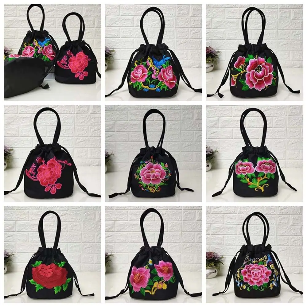 Satin Silk Hanfu Drawstrings Bag Rose Flower Ethnic Style Embroidery Flower Handbag Mommy Bag Bucket Bag Small Purse Wallet