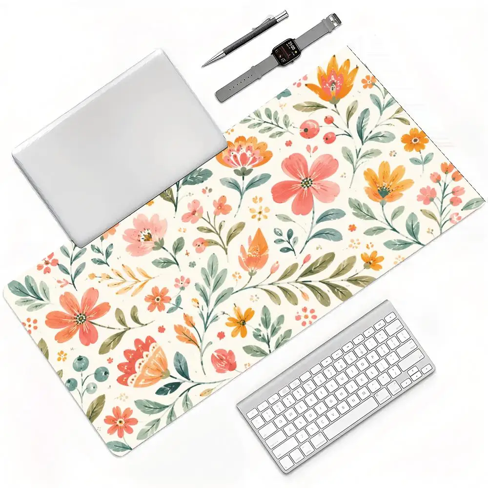 Cute Pastel Floral Watercolor Pattern Cream Background Sweet Flower Leaf Gaming Mouse Pad Stitched Anti Slip Desk Mat