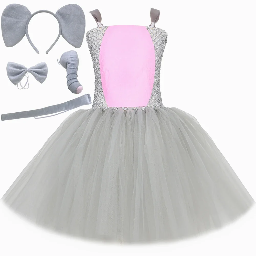 Toddler Girls Gray Elephant Costume Baby Girl Holiday Jungle Party Tutu Dresses Kids Halloween Animal Dress Up Clothes Outfits