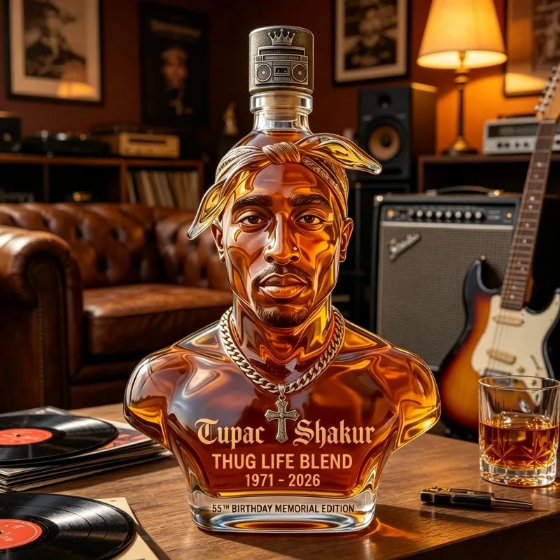 Tupac Shakur Bust Shaped Glass Decanter Bottle, Hip Hop Rap Legend Memorial Decorative Liquor Bottle, Unique Figurine Ornament