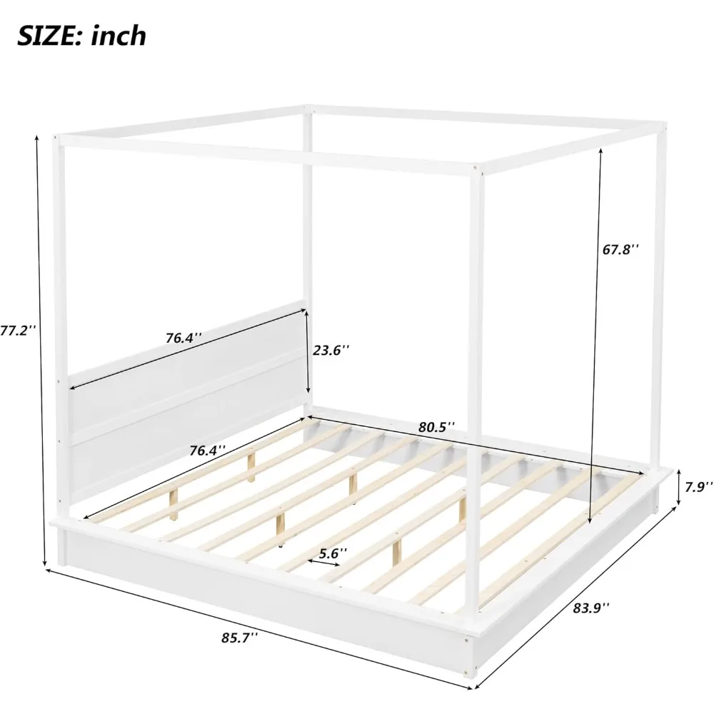 King Size Canopy Bed with LED Lights, Wooden King Platform Bed Frame with Support Slats, No Box Spring Needed, White