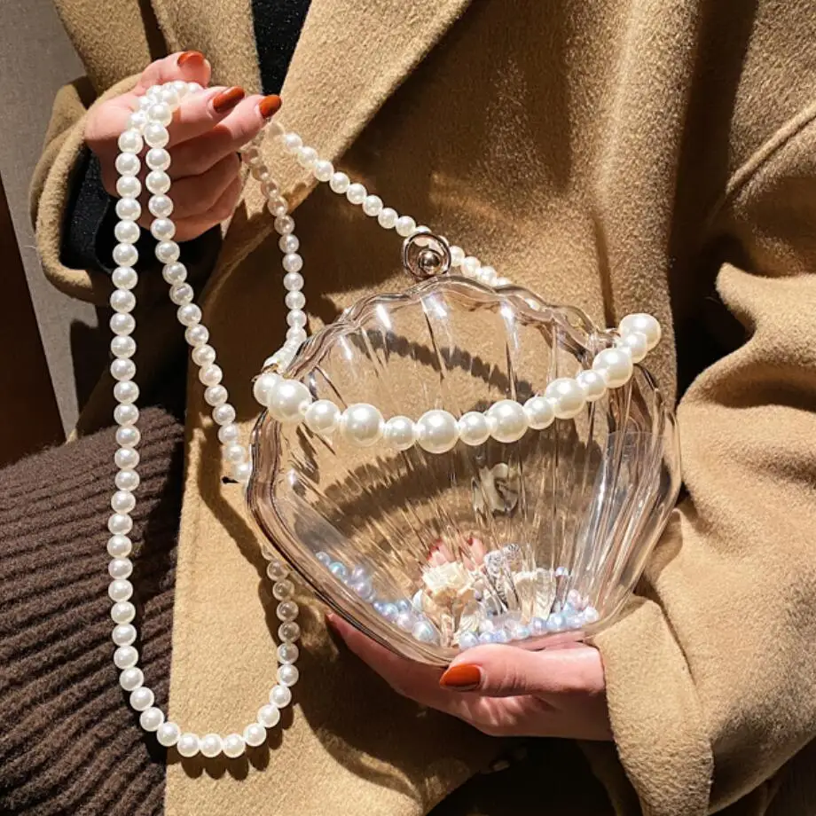 Transparent Acrylic Shell bag 2024 Fashion High quality PVC Women\'s Designer Handbag Pearl strap Shoulder Messenger Clutch Bag