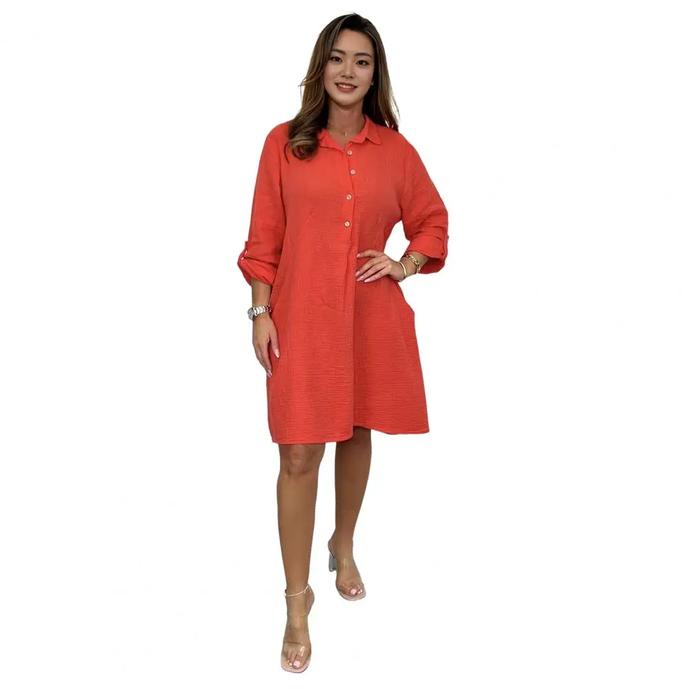 Robe Chemise Femme avec Poches, Ligne A, Midi, Col Rabattu, lèvent de Manchette, Détail pour l'Automne et le Printemps