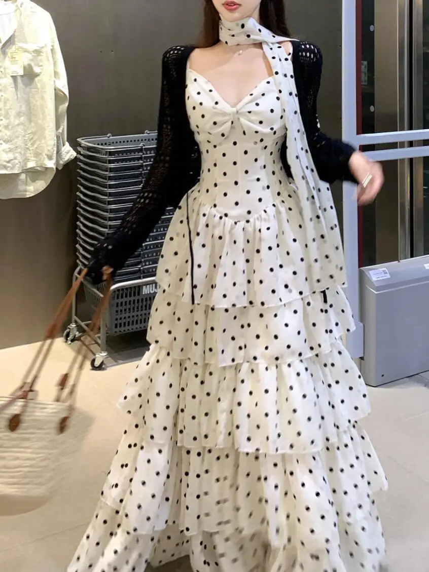 White Black Polka Dot Bow V-Neck Tiered Maxi Dress Women Matching Neck Scarf Sleeveless Ruffle Layered Long Dress
