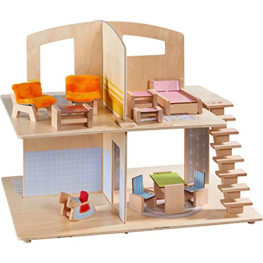 Dollhouse Town Villa for Little Friends with 10-Piece Furniture Set, Wooden Construction, Natural Wood Color, Eco-Friendly and