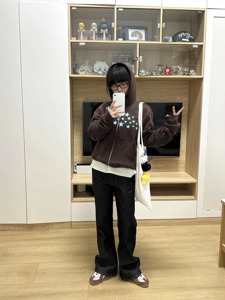 เสื้อฮู้ดผู้หญิงสไตล์เรโทรอเมริกัน ลายดาว ทรงหลวม สบายๆ สำหรับฤดูใบไม้ร่วงและฤดูหนาว รุ่นใหม่ ซิปหน้า ใช้งานได้หลากหลาย