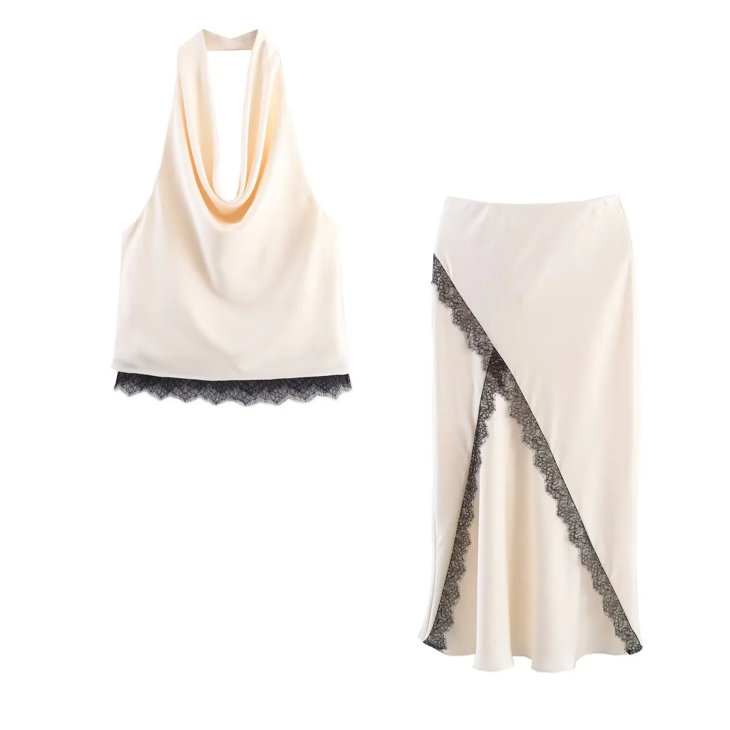 

Two-piece set of women's mid-length skirts, paired with lace trimmed satin tie tops and lace trimmed satin skirts, comfortable a