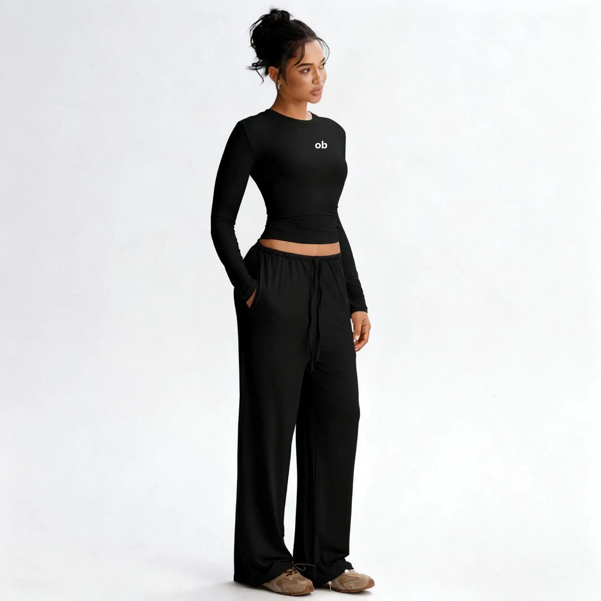 2027 New Clothing - Solid Color Casual Long-Sleeved Set - High-Waisted Wide-Fitting Pants - Sports Yoga Set - Fitness Set