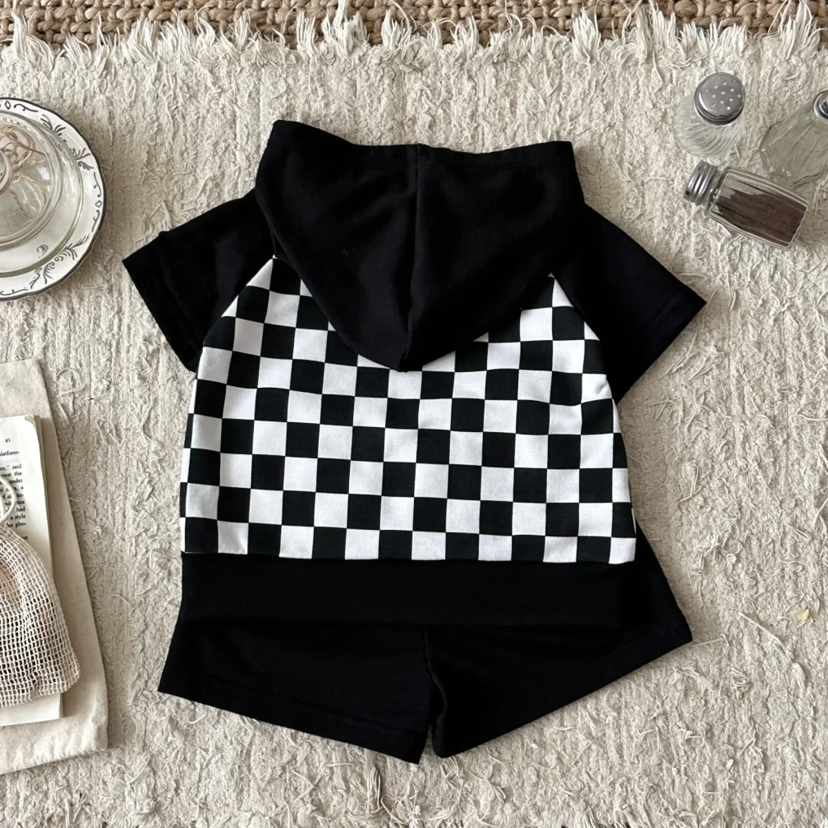 Summer New Children Short Sleeve Casual Sweatshirt Boys Girls Cotton Hoodie Kids Checkerboard Pattern Set Suitable for 2-3Y