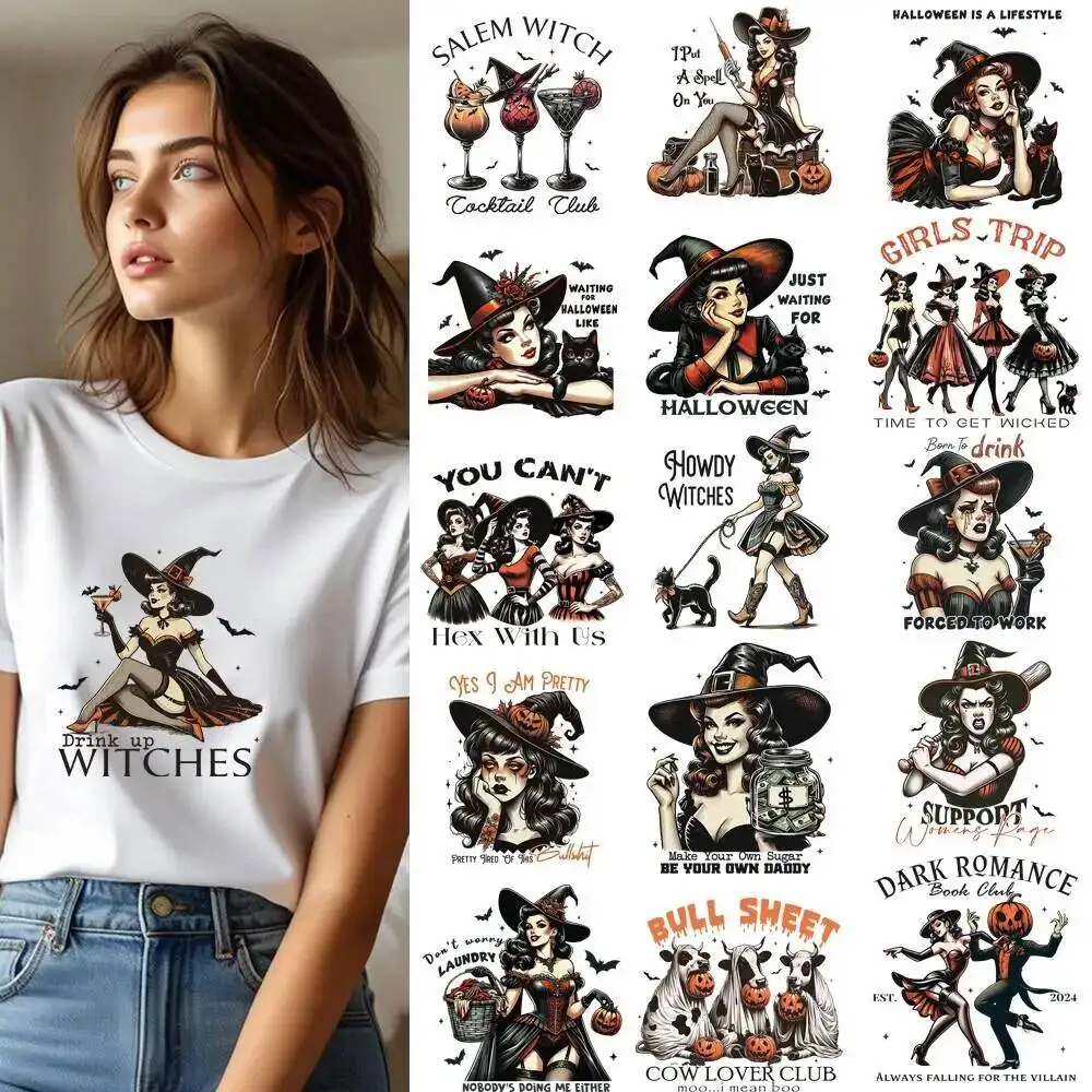 25CM Vintage Halloween Witch magic Transfer Patches For Clothes Stickers DIY A-Level Washable Shirt Iron-on Thermal Stickers