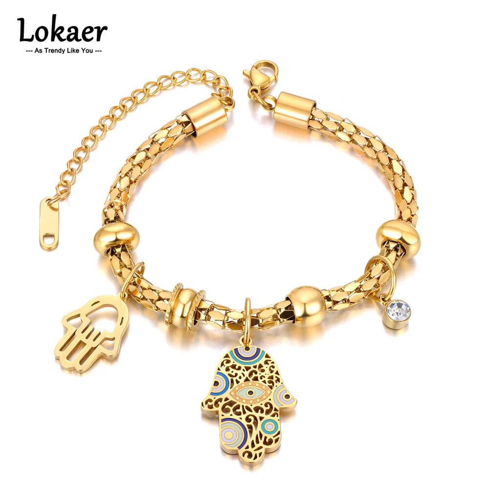 Lokaer 316L Stainless Steel Fatima Hand Charm Bangle Bracelet for Women Exquisite Gold Color Popcorn Chain Jewelry брелок B23088