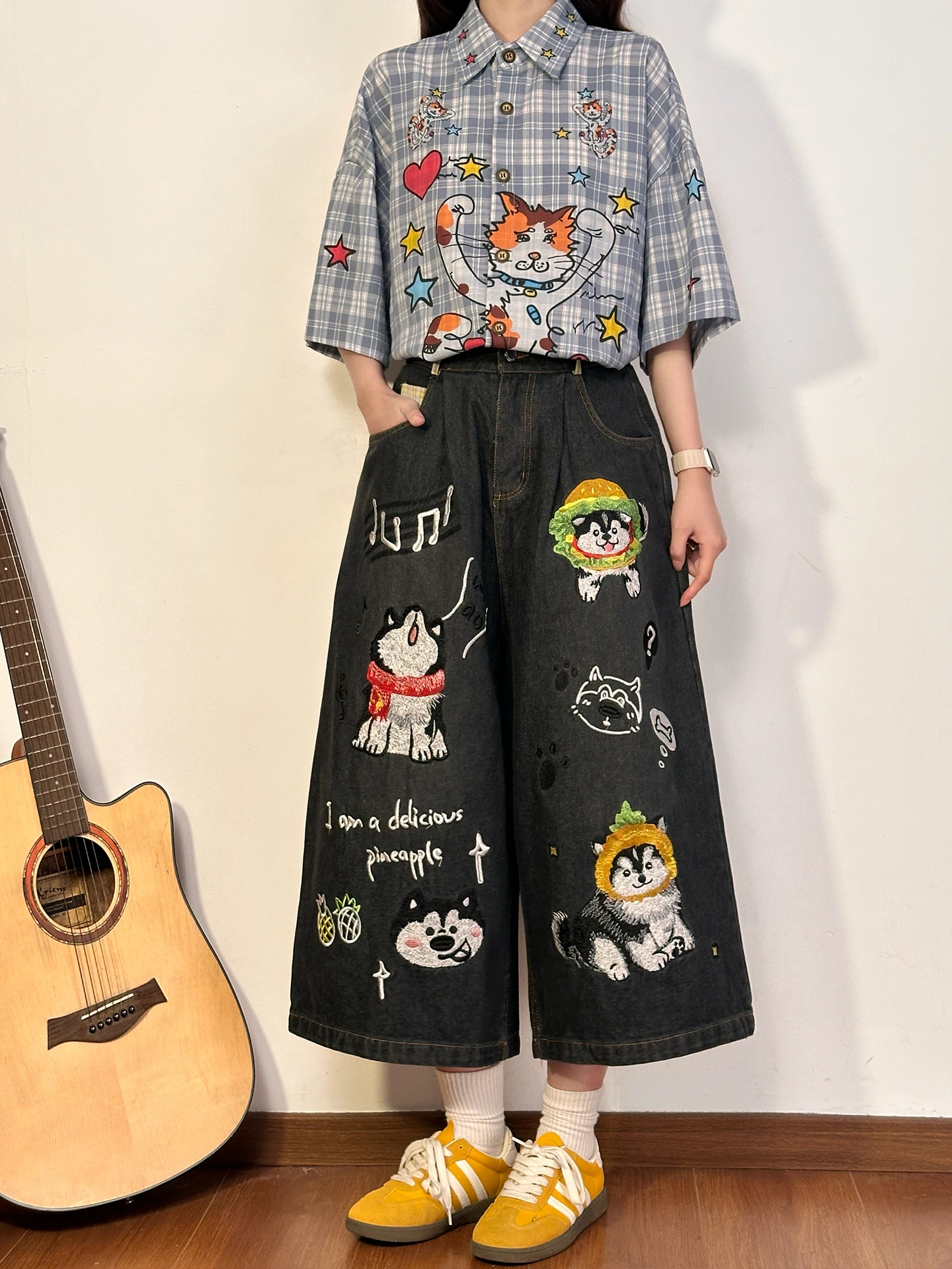 

Ретро-джинсы с вышивкой в американском мультяшном стиле, широкие штаны-кюлоты для женщин, свободные брюки 7/8 длины, повседневные летние джинсы