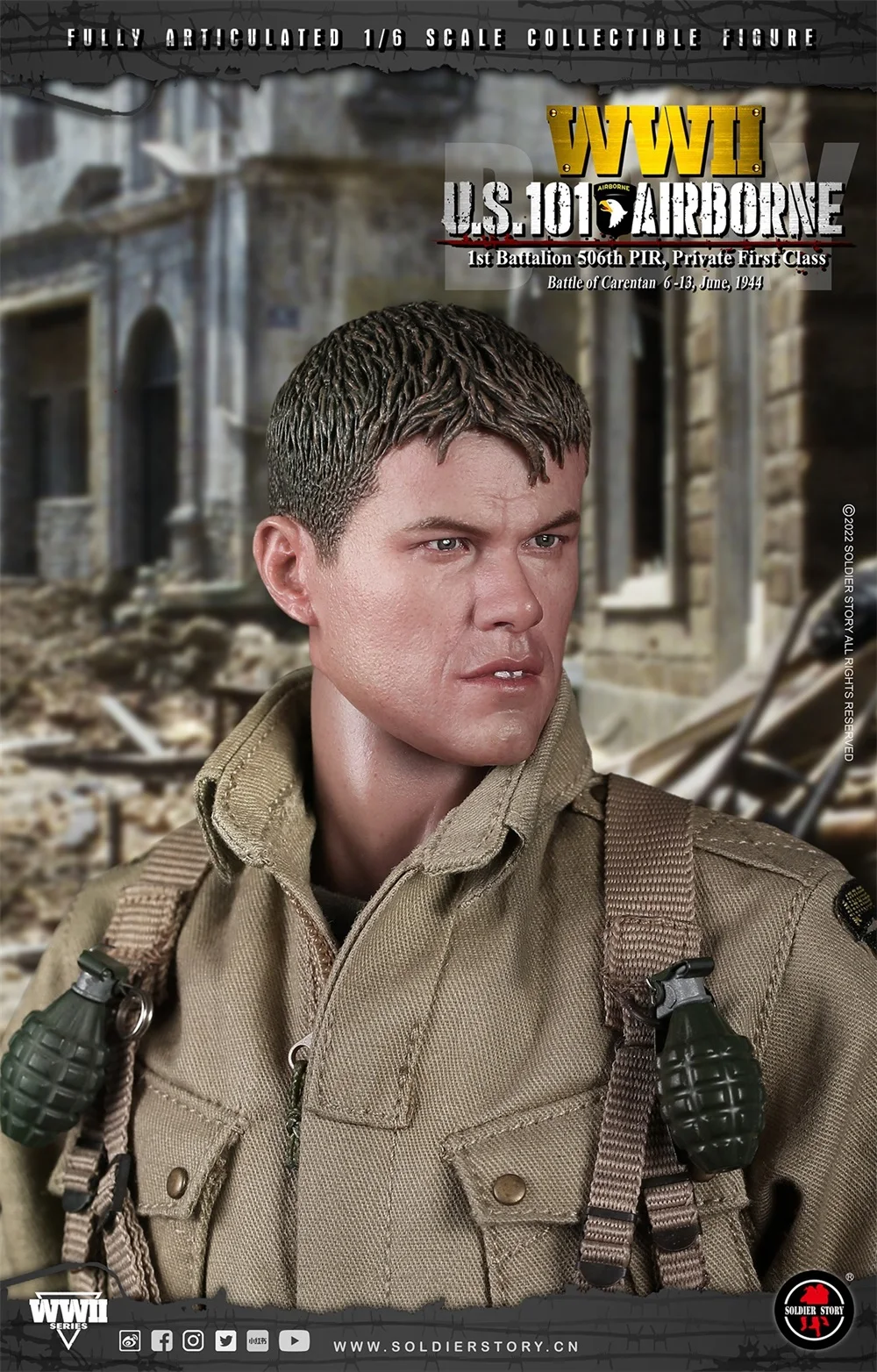 1/6 SoldierStory SS126 WWII US 101 Battalion Private First Class Ryan Lifelike Head Sculpt Carving Accessories Fit 12