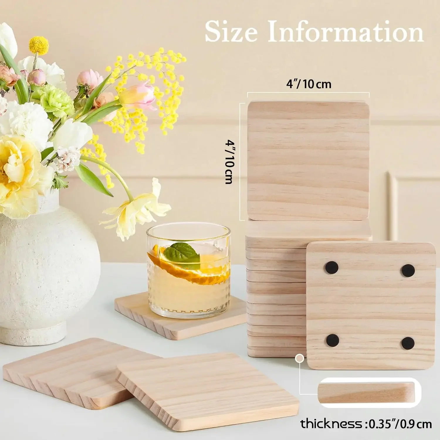 24pcs 10CM Round Wooden Coasters with Non-Slip Silicone Bottoms - Perfect for DIY Crafts, Painting & Engraving - Ideal H