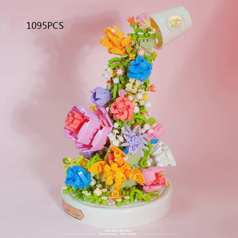 

Creative Sea OF Flower Bricks Scented Tea Time Music Box Mini Block Educational Toys Building Bricks With Light For Girls Gifts