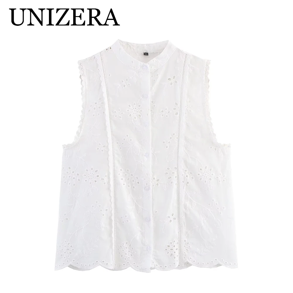 

Fashionable new European and American style casual loose round neck sleeveless hollow embroidery shirt