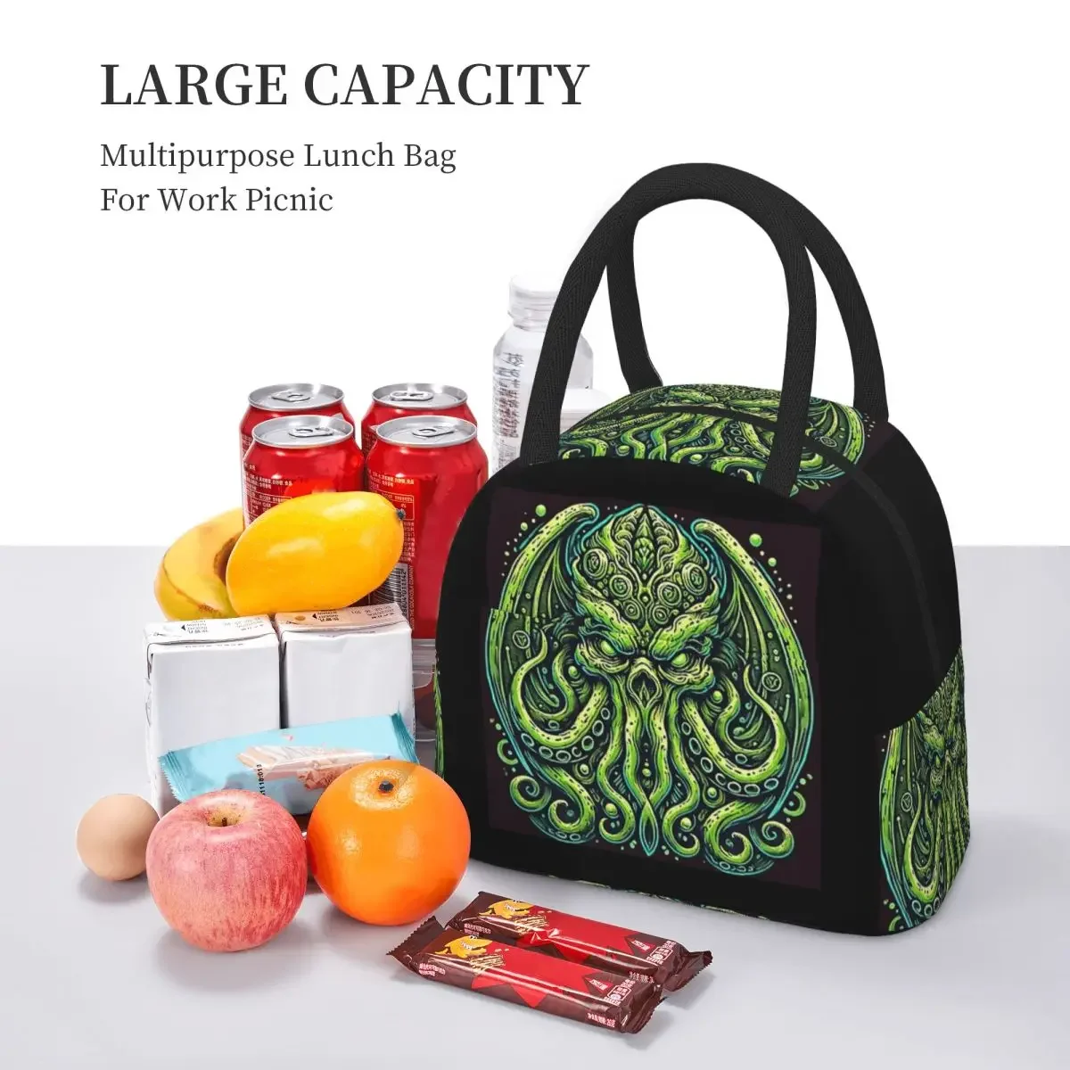 Green Cthulhu Octopus With Tentacles And Teeth Insulated Lunch Bag for Women Office Cooler Thermal  Lunch Boxes Container