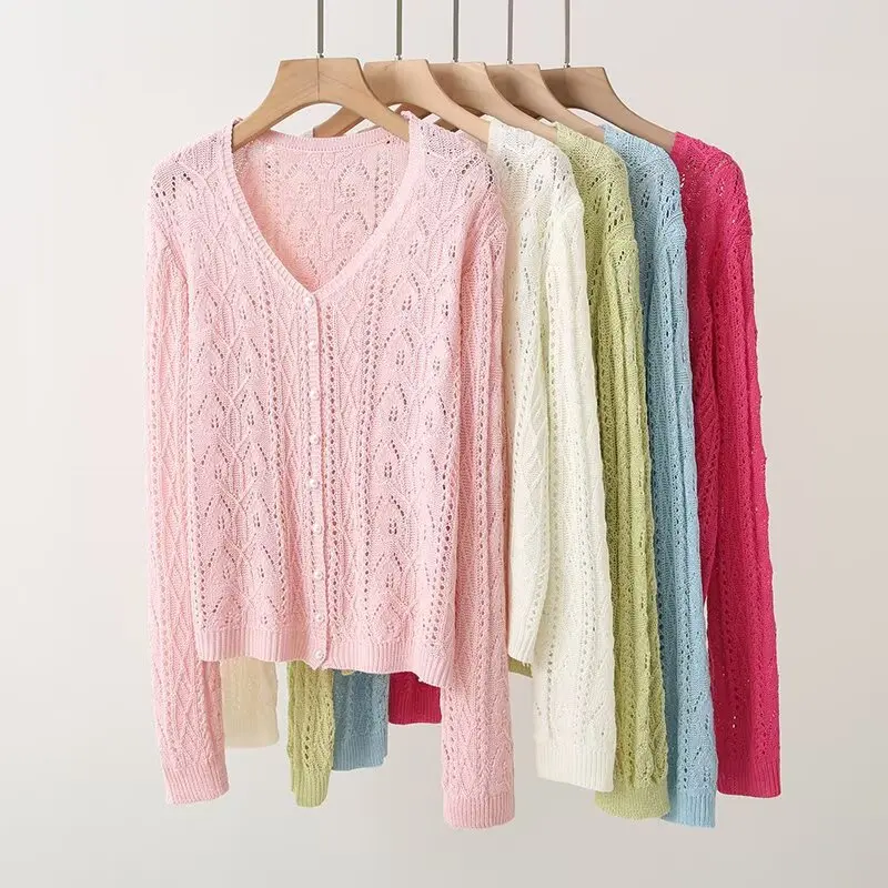 

Korean Style Thin Women's Summer V-neck Open Cardigan Comfortable Casual Long Sleeve Knitted Outerwear Top For Ladies