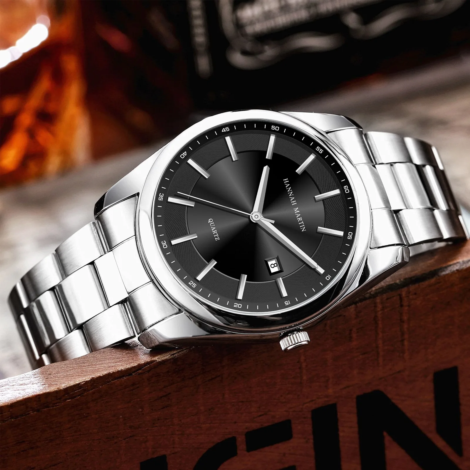 HANNAH MARTIN Men Watch 1381 Luxury Watch Fashion Waterproof Calendar Steel Strip Quartz Watches for Men Relogios Masculino