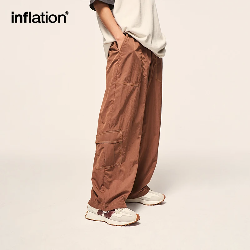 INFLATION Multi Pockets Wide Leg Cargo Pants Men Loose Fit Elastic Waist Track Pants Male Casual Trousers