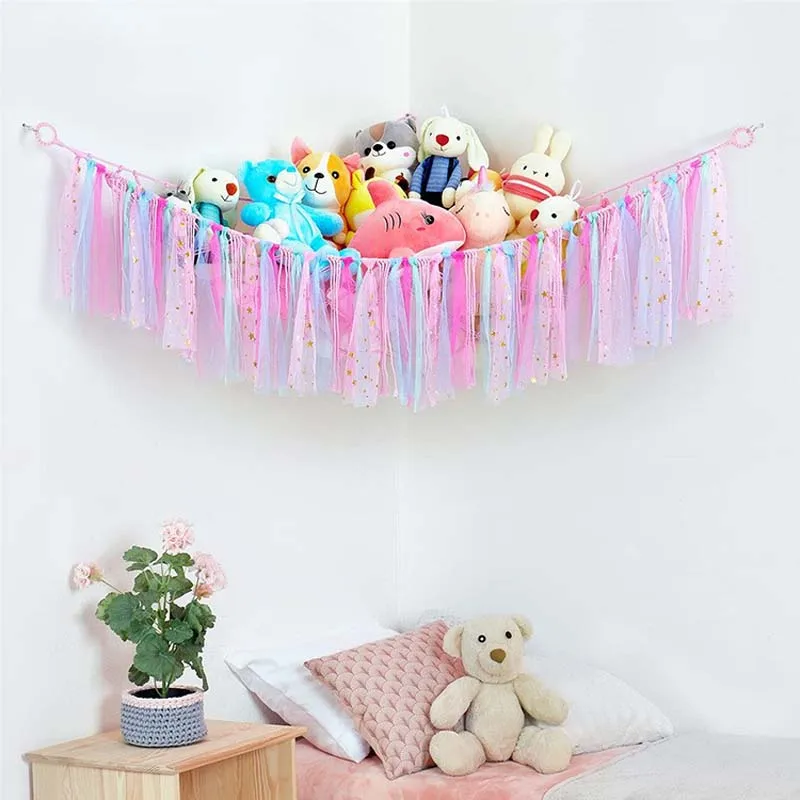 Colorful Ribbon Cotton Rope Mesh Bag for Plush Toy Hand Woven Large Corner Triangle Hammock Space Saving Kids Playroom Organizer