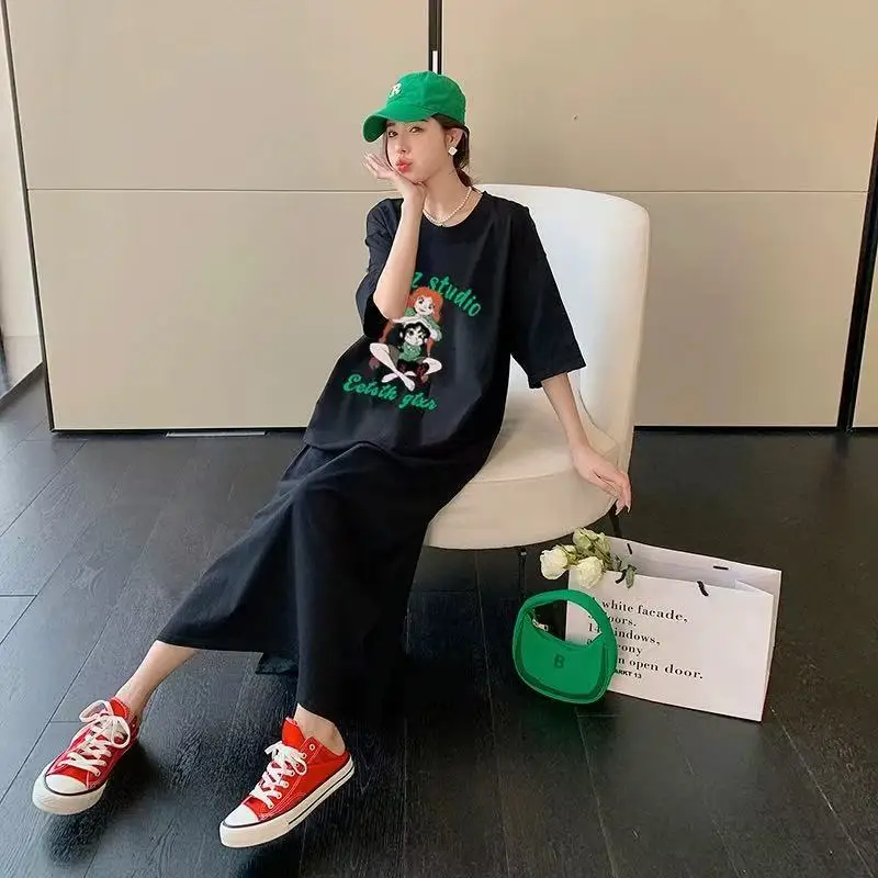 Abito lungo estivo con t-shirt Manica corta da donna oversize al ginocchio Alla moda coreana Sle Abiti larghi e comodi taglie forti