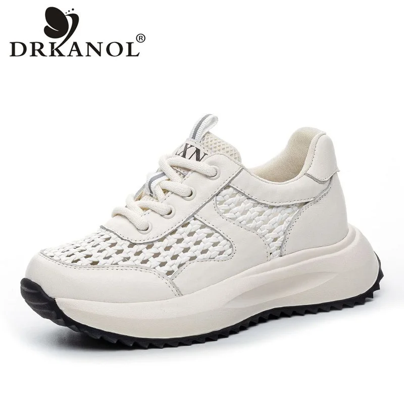 

DRKANOL/2020 летние сетчатые туфли, женские легкие повседневные кроссовки из натуральной кожи на шнуровке и толстой подошве на платформе, женские белые туфли