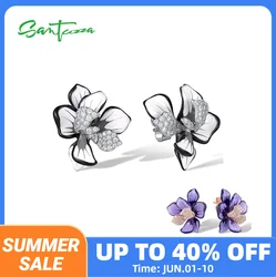 SANTUZZA Pure 925 Sterling Silver Stud Earrings For Women Sparkling Purple & White Enamel Flower Wedding Chic Party Fine Jewelry