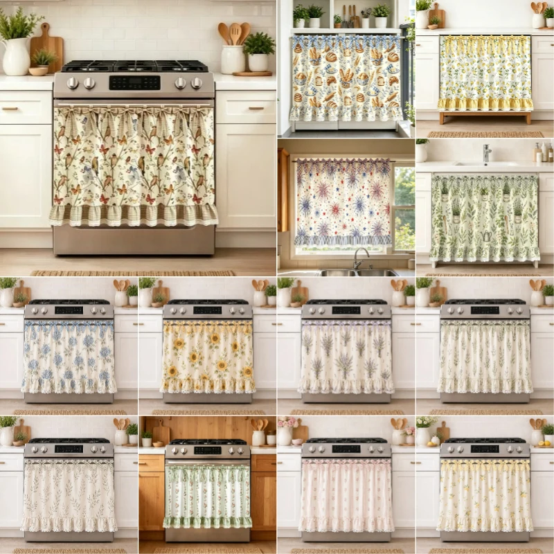 Floral Lace Tier Curtain Oven Skirt Print Oven Door Curtain Vintage Printed Half Curtain for Kitchen Cabinet Window Home Decor