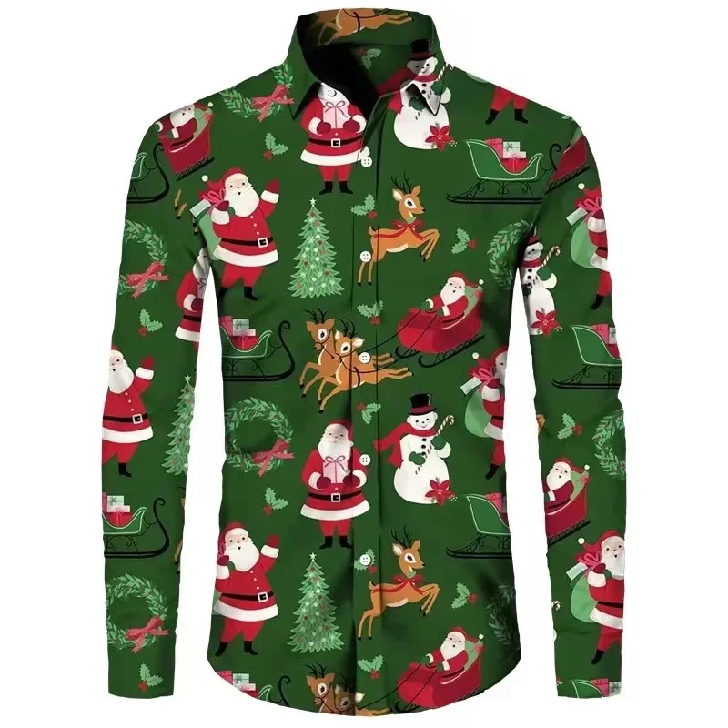 New Men's Long Sleeve Button Shirt Christmas Tree HD Pattern Soft Comfortable Fashionable Simple Casual Family Gathering Shirt