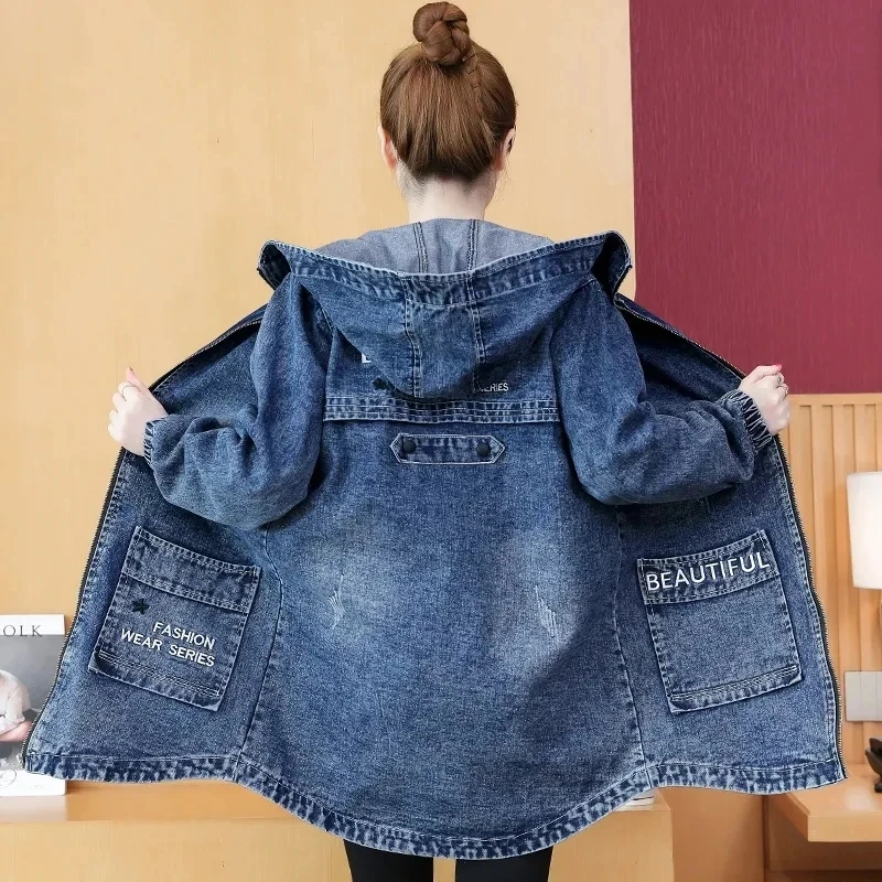 

Korean Embroidered Letter Denim Windbreak Coat Women's Spring Autumn Hooded Zipper Coats New Loose Casual Jeans Jackets Female