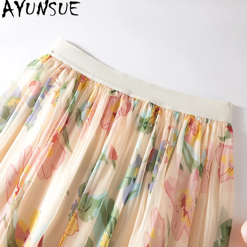 AYUNSUE 100% Silk Women's Skirts Casual High Waist A-Line Skirts for Women Printed Beach Dress 2026 Woman Clothes Summer Юбка