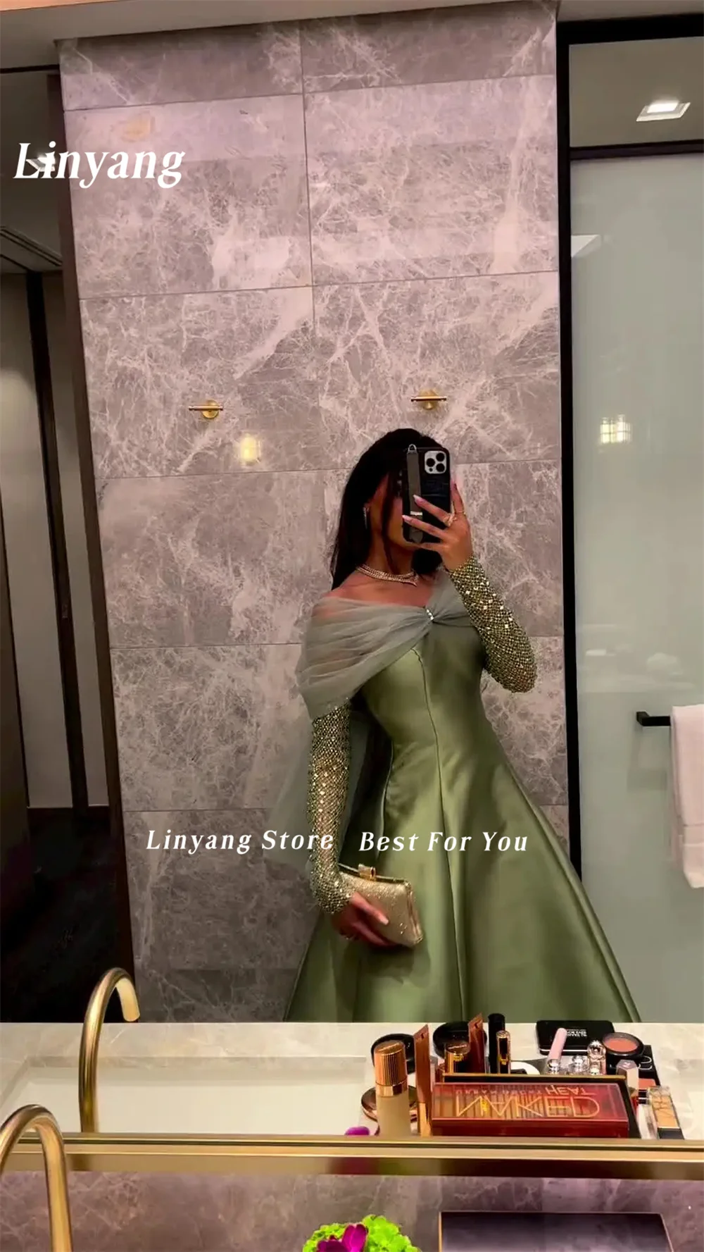 Linyang Luxury Off Shoulder Prom Dress with Back Bow A Line with Stone Crystal Elegant Saudi Women Wedding Party Gowns