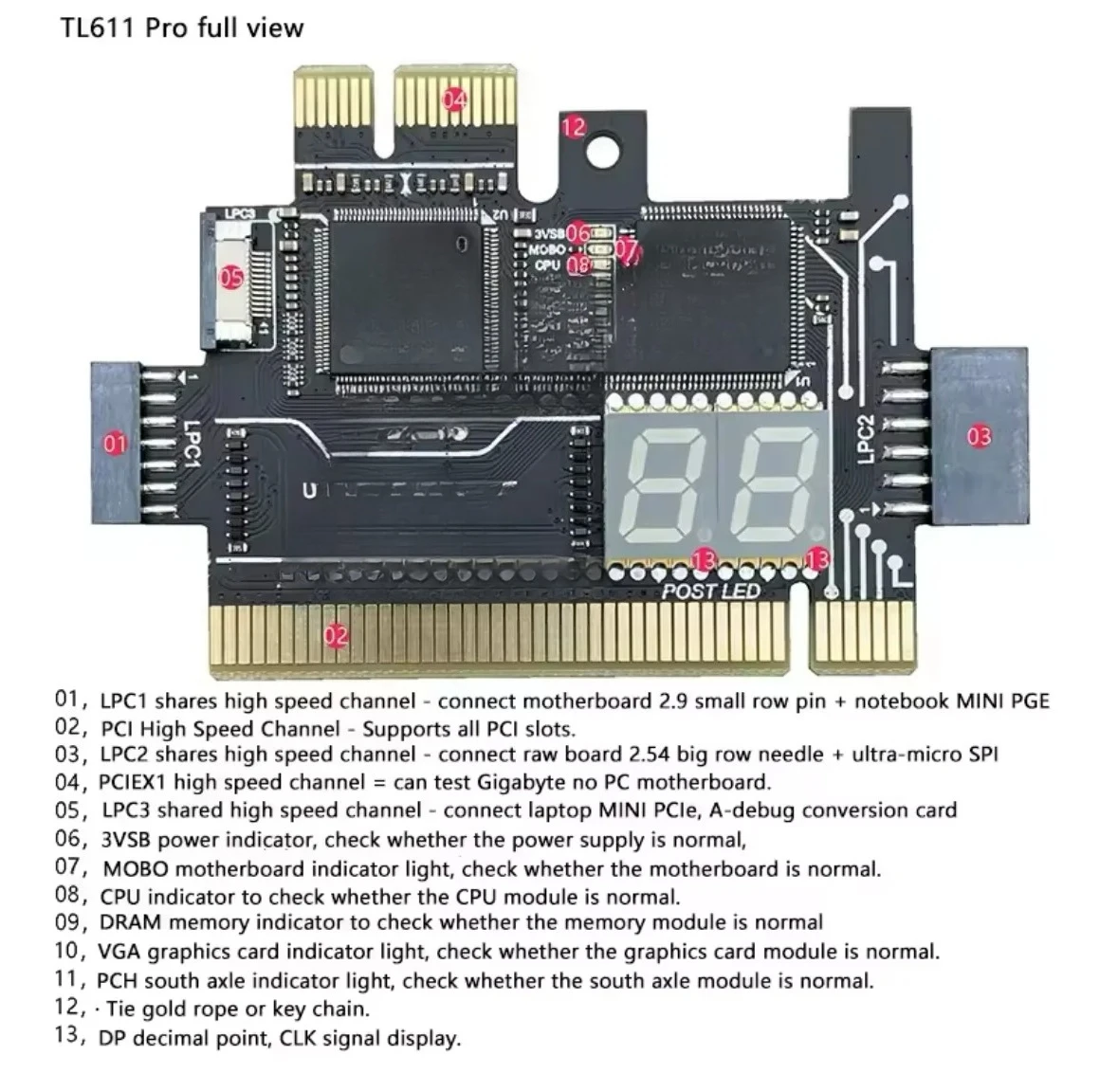 for TL611 PRO Debug Card Desktop PCI Motherboard PCI E Notebook Diagnostic Card Test LPC DEBUG