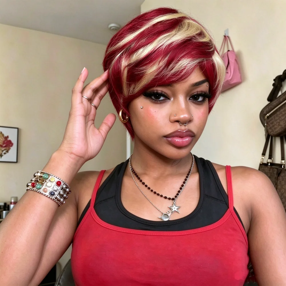 Full Machine Made Human Hair Pixie Wig for Women, Burgundy Blonde Highlight Short Pixie Cut Human Hair Wig, Natural Looking